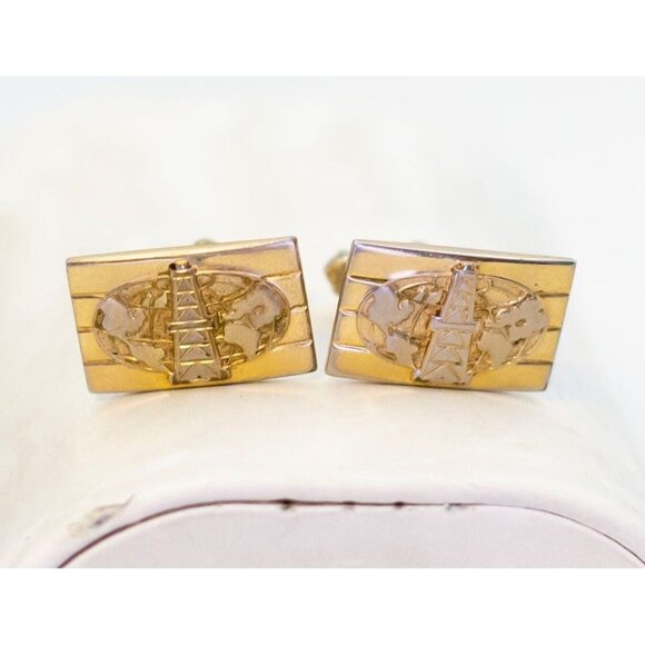 Vintage Golden Global Satellite Cuff Links - J1 - Picture 1 of 2